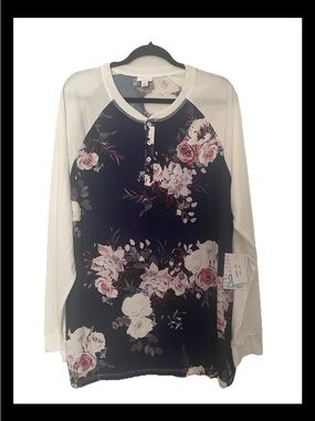 Women’s LuLaRoe Mark Floral Raglan Henley Long Sleeve Top - Navy White